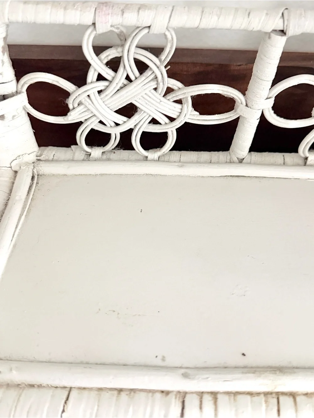Vintage White Wicker Two Tier Display Shelf Boho Cottagecore Accent Eclectic